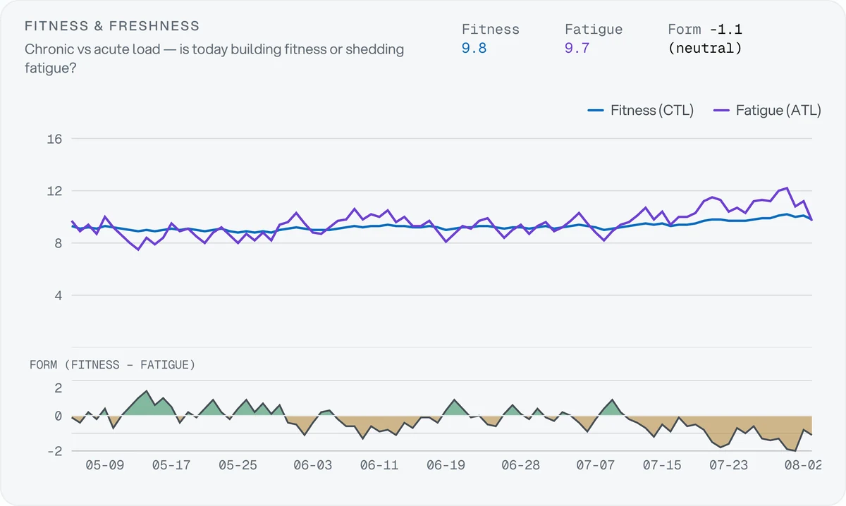 Chronic and acute training load plotted together over ninety days, with a form curve below shading green where fitness exceeds fatigue and amber where it does not.